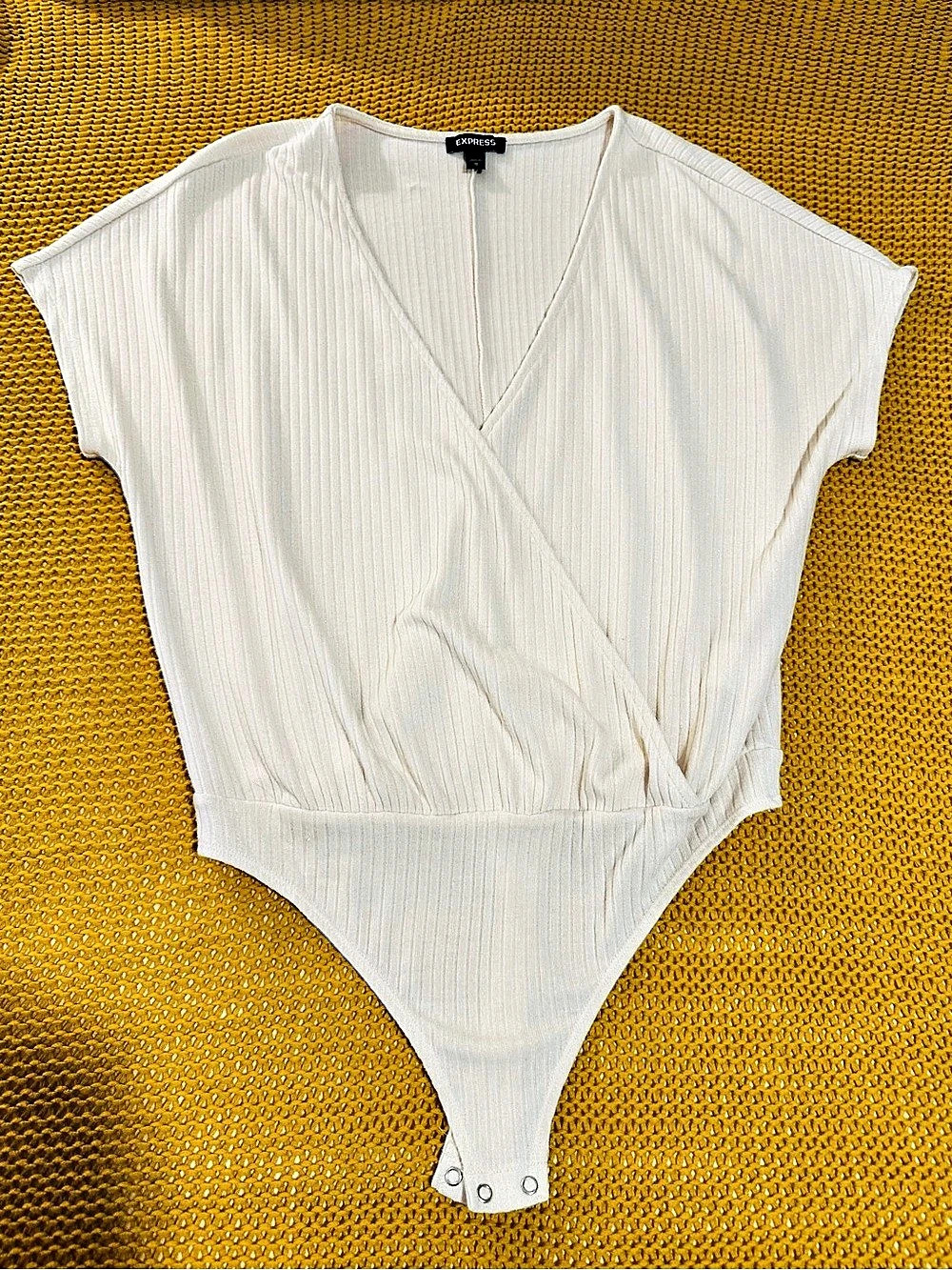 Express Faux Wrap Bodysuit in Cream & Gold Sparkles